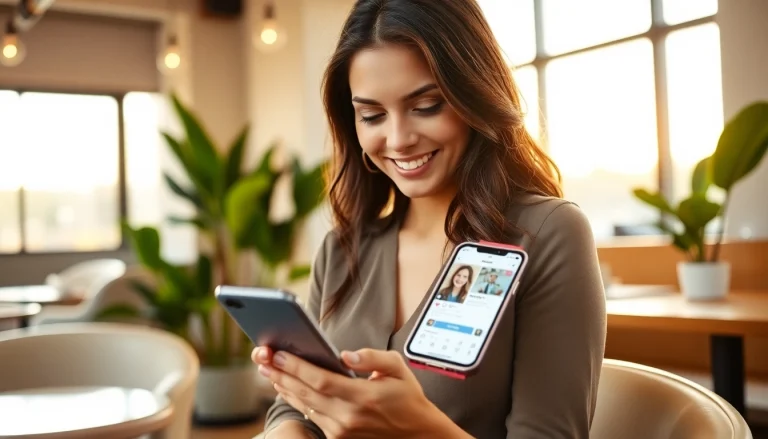 インスタ フォロワー購入 おすすめで満足げな表情の女性がカフェでスマホを使用