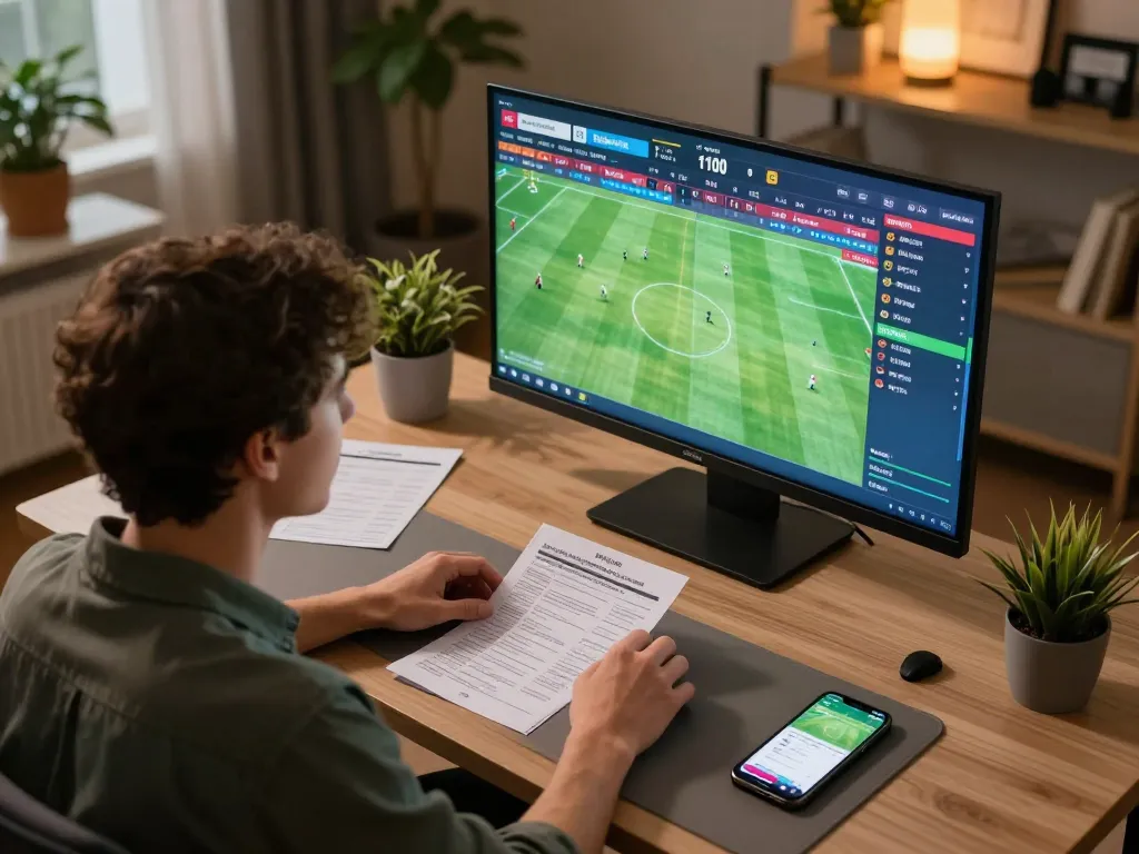 Socolive user engaging in live betting on football matches from a modern home setup, focusing on strategy and excitement