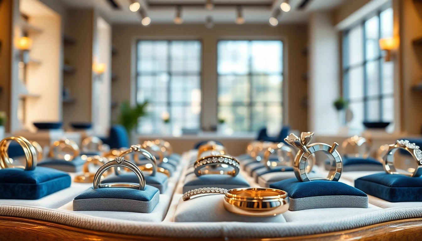 Admire stunning mens wedding rings showcasing exquisite designs in a boutique setting.