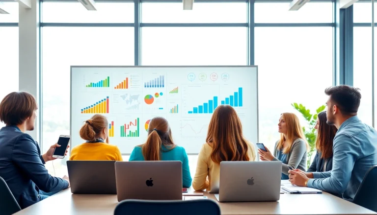 Engaging team discussing social media marketing strategies in a modern office.
