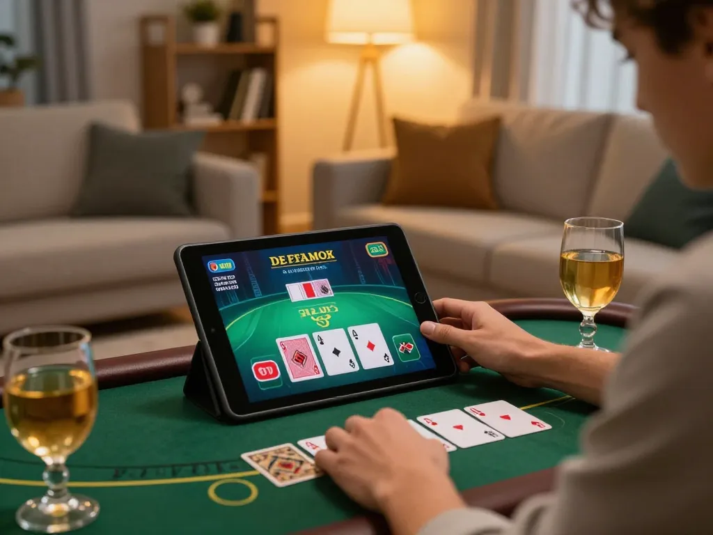 Player enjoying blackjack on 388bet tablet in cozy living room during strategic online gaming session.