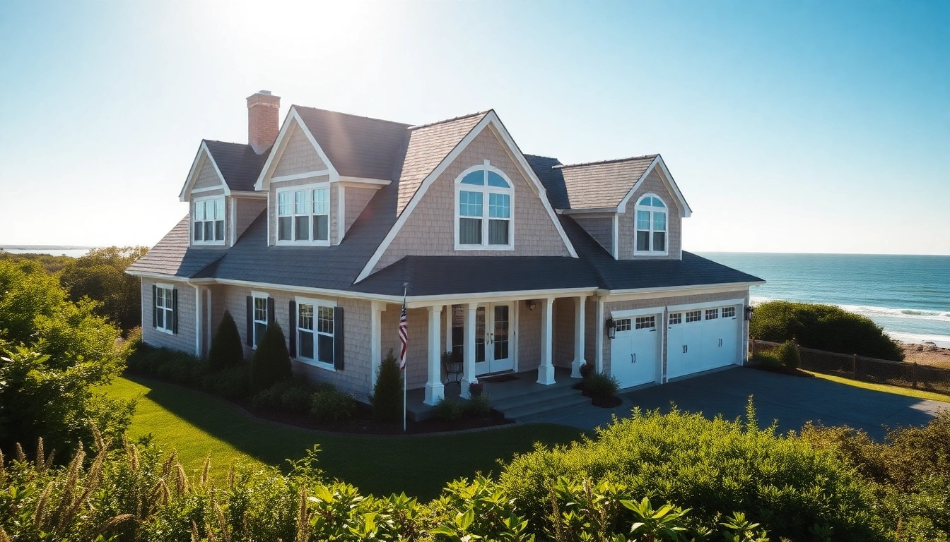 Cape Cod home with an attached garage features beautiful landscaping and coastal views.