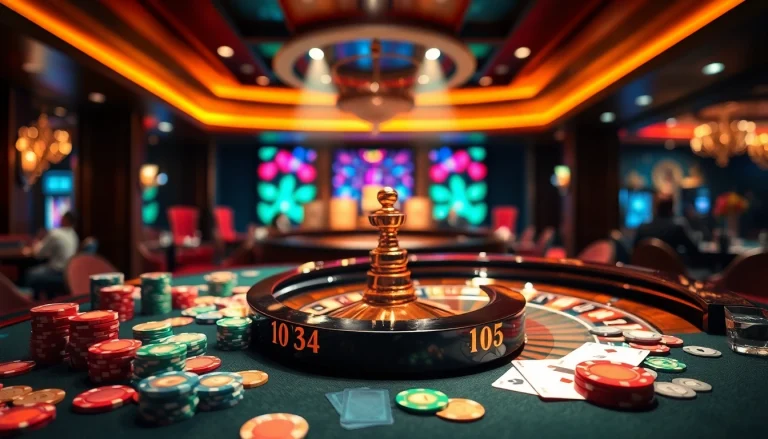 Permainan bbni4d dengan chip poker warna-warni di meja kasino yang mewah.