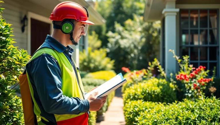 Quarterly pest service review by pest control technician inspecting home entrance.