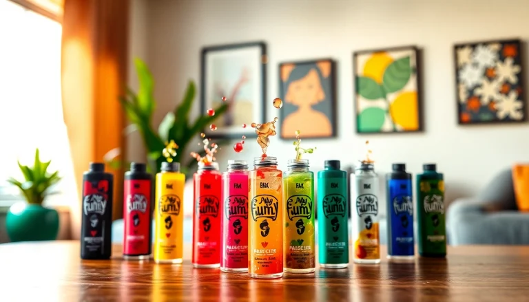 Enjoy a collection of Funky Republic vape flavors featured in an energetic and colorful setting.