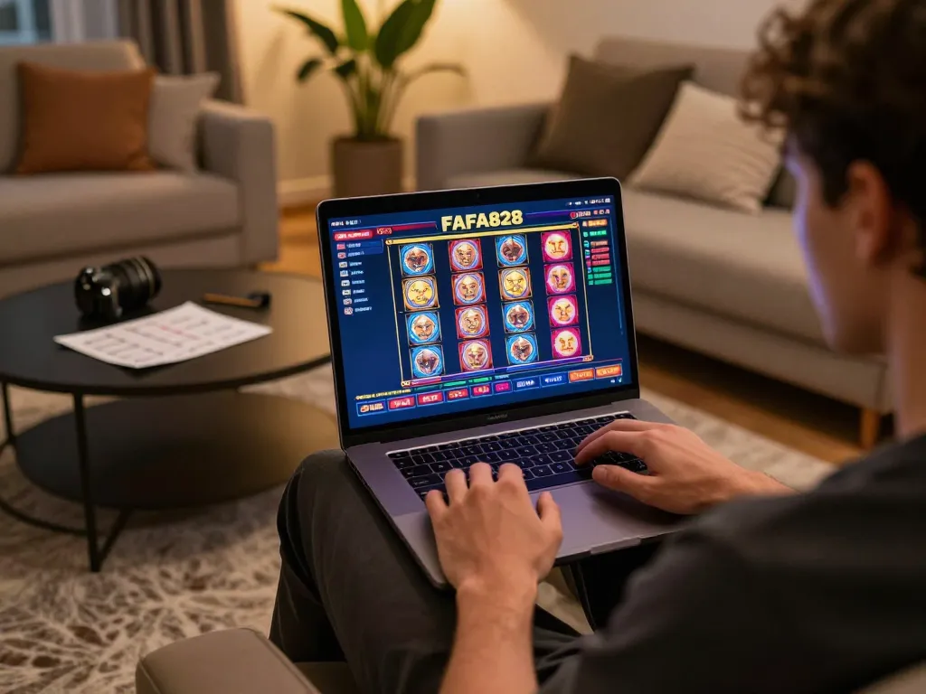 Experience FAFA828 online gaming with player engaged at laptop, showcasing vibrant slot games.