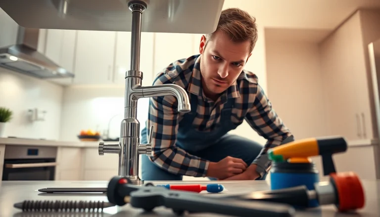 Find a reliable plumber near me fixing a faucet with expertise in a modern kitchen setting.