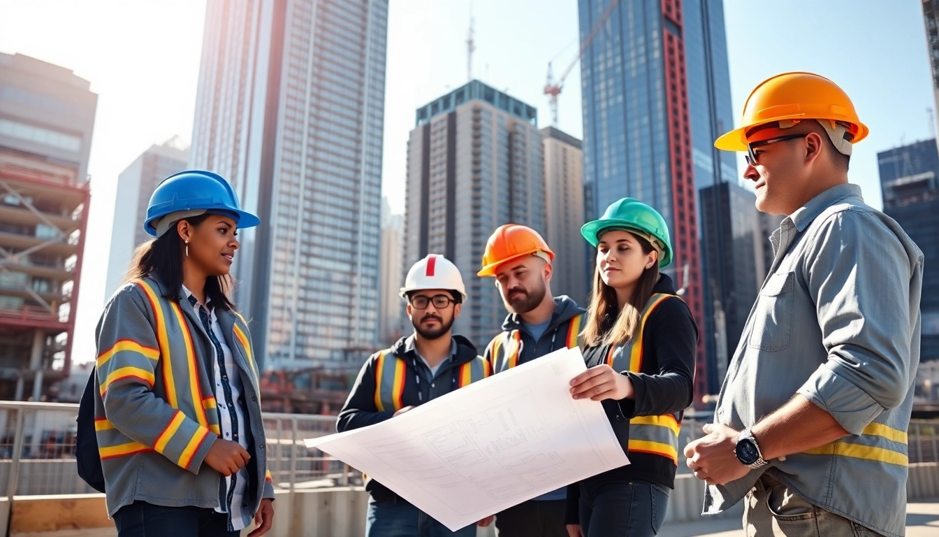 Engaged Manhattan Commercial General Contractor team collaborating at an urban construction site.