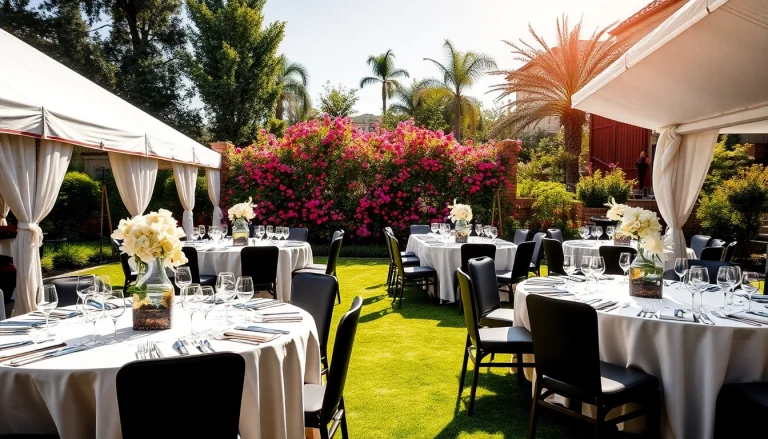 Explore Corporate Event Rentals with elegant tents and tables in a sophisticated outdoor setting.