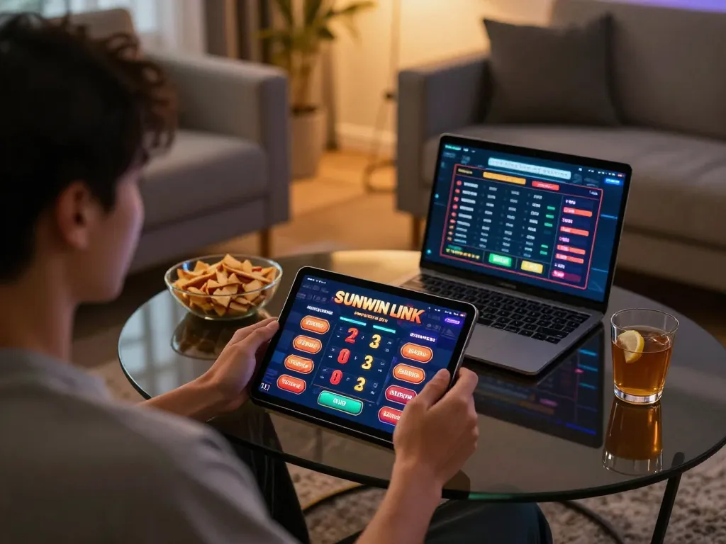 Engaged player using SUNWIN LINK on tablet for online casino gaming in cozy home setting