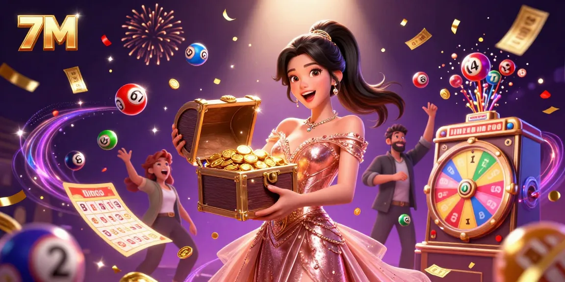 7M casino platform showcasing excitement with treasures and colorful lottery elements, enhancing player engagement.