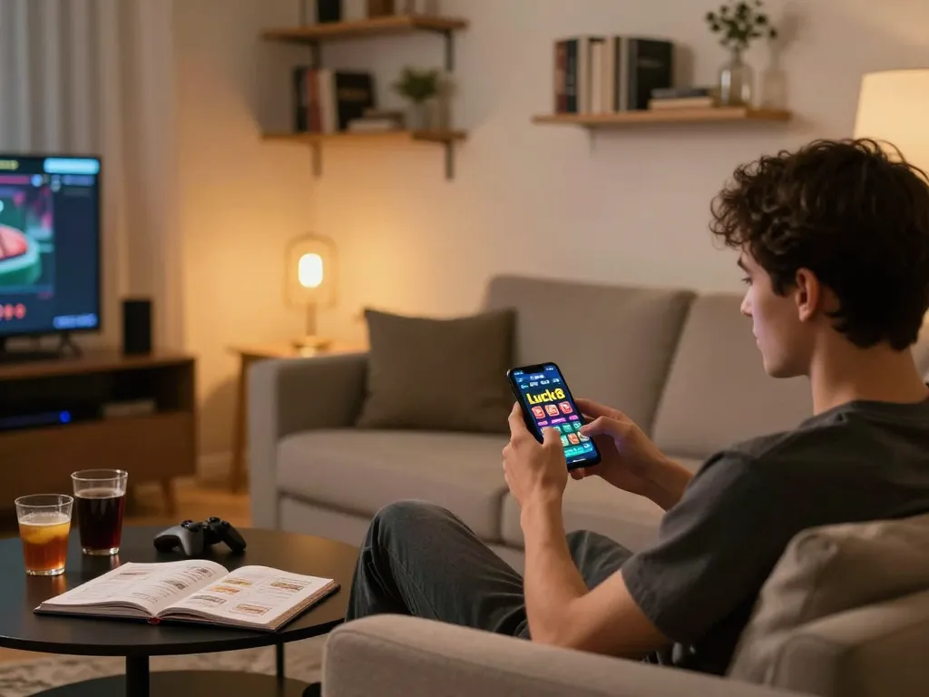 Engaging with luck8 mobile app for online gaming at home, relaxed atmosphere with strategy notes.