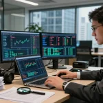 Analyst analyzing financial crime intelligence data with advanced visualization tools in an investigative office.