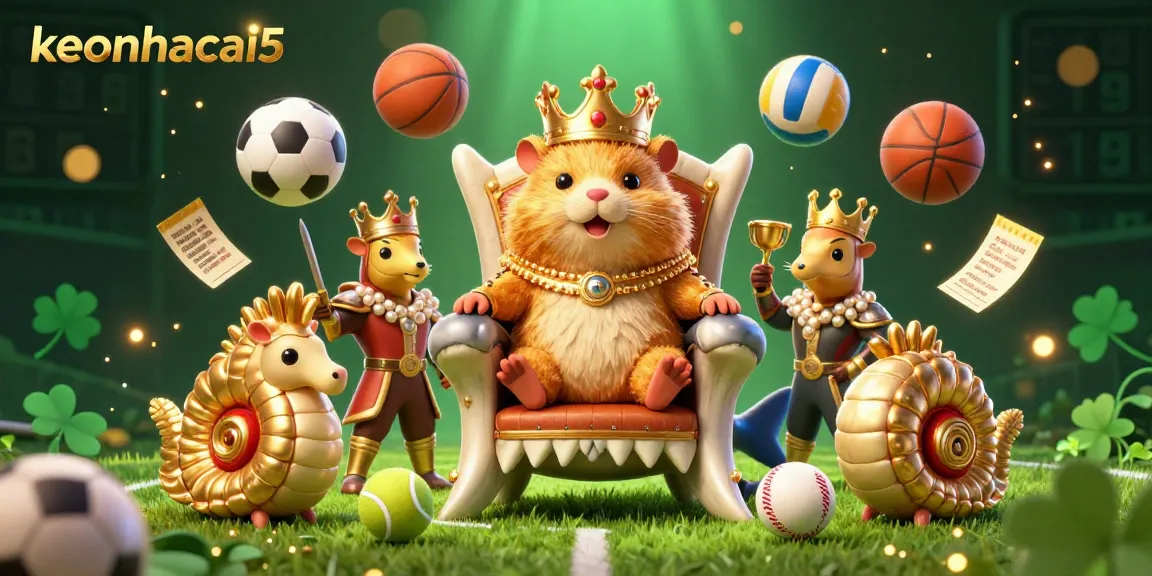 Sports betting excitement with keonhacai5 showcasing a hamster king surrounded by sports elements.