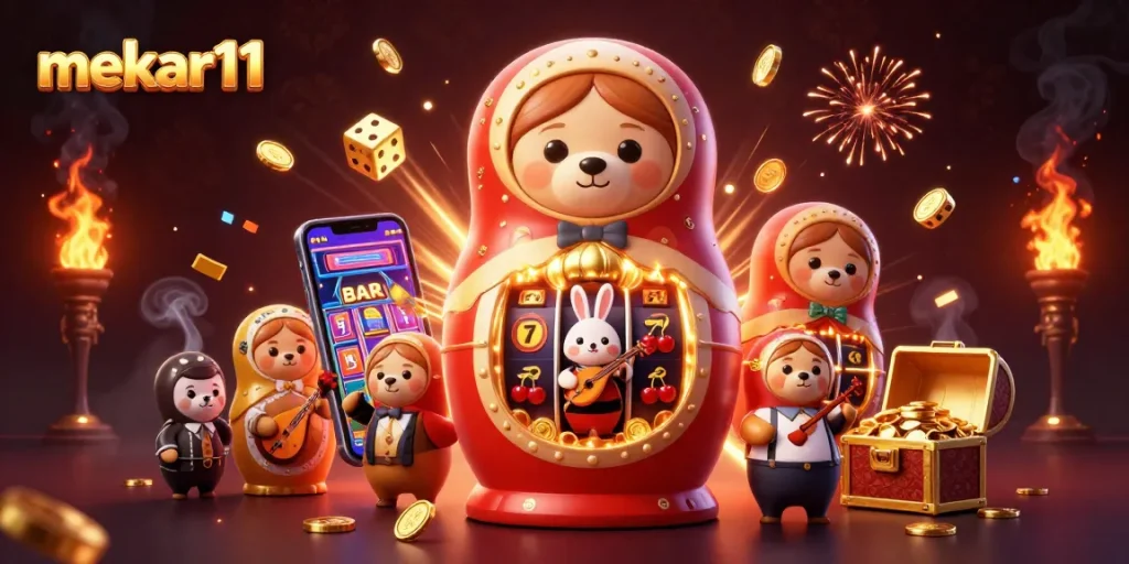 Experience the thrill of mekar11's vibrant casino world with animated characters and slot excitement.