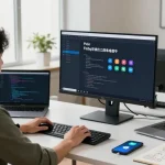 Developer coding 纸飞机中文版 interface in a modern workspace.
