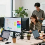 Engaging workspace scene highlighting 纸飞机下载 collaboration in a tech environment.