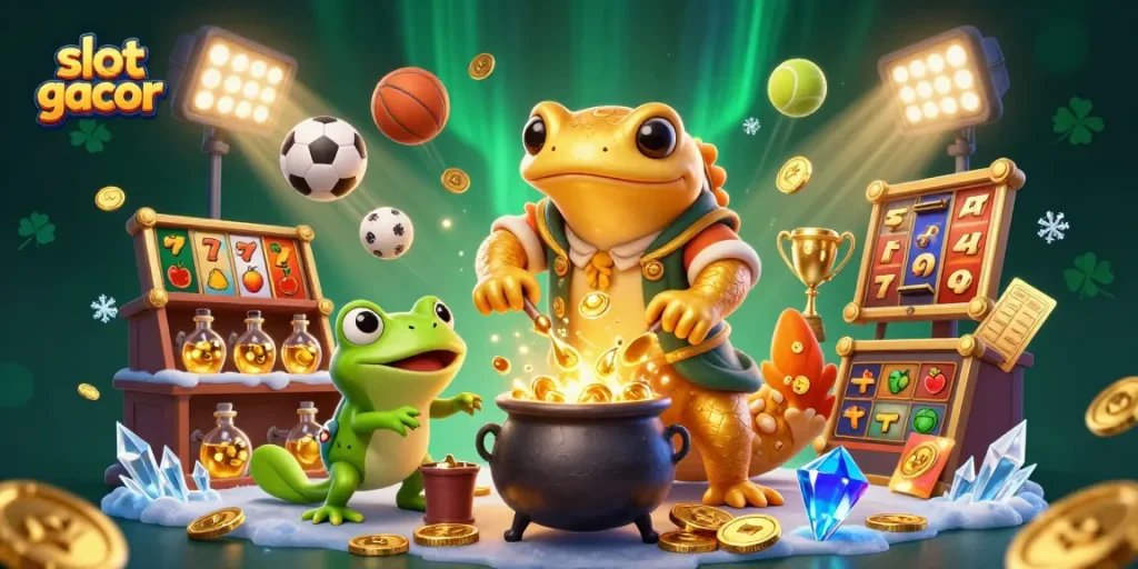 Experience the thrill of slot gacor with vibrant gameplay and dynamic golden winnings in this 3D illustration.