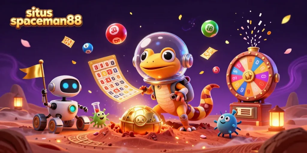 Play and win at situs spaceman88 with an exciting Martian theme and vibrant casino graphics.