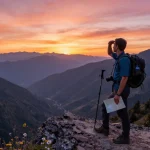 Un excursionista disfrutando de la vista en un paisaje montañoso al atardecer con mi etb en la mochila.